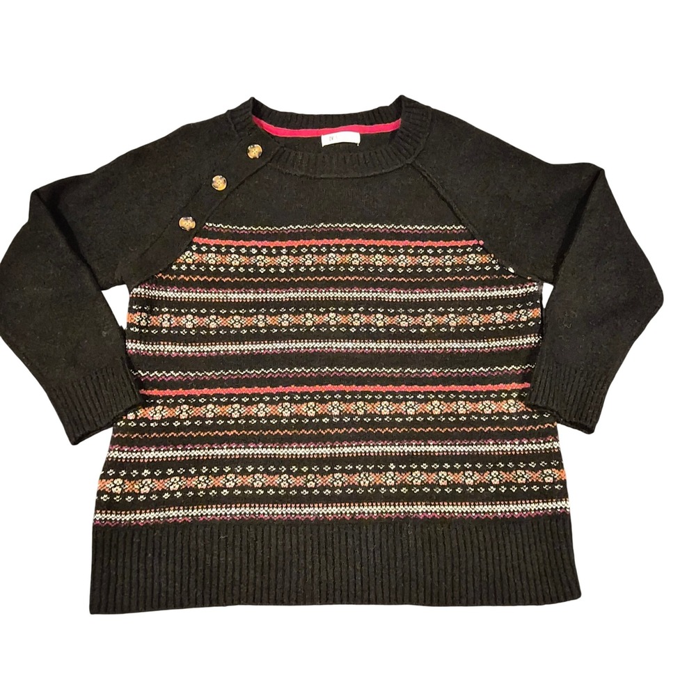 OVLA Womens Black Fair Isle Knit Sweater Button Shoulder Pullover Sz M RN160141